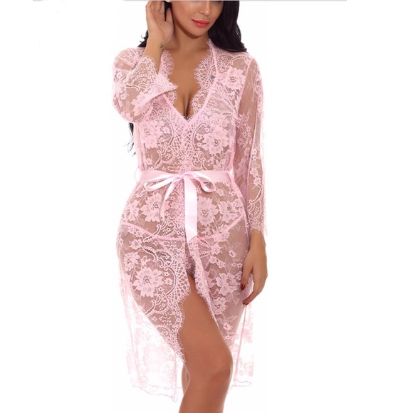 4 Pieces Sheer Lace Long Robe Lingerie-Pink - Picture 1 of 7